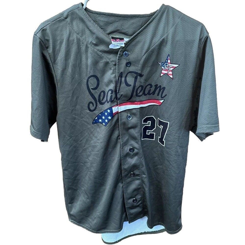 Don Alleson Athletic Baseball Jersey Green Seal Team 27 Buttons S Short Sleeve